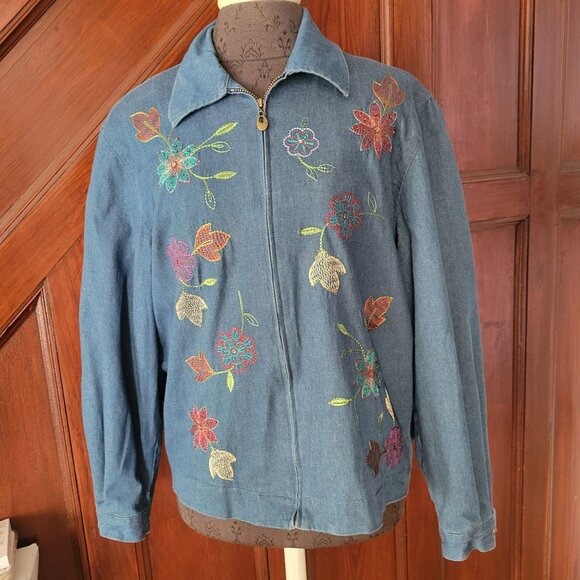 Vintage Alfred Dunner Denim Jacket With Floral Embroidery Design & Zip Closure 1 - Picture 1 of 5